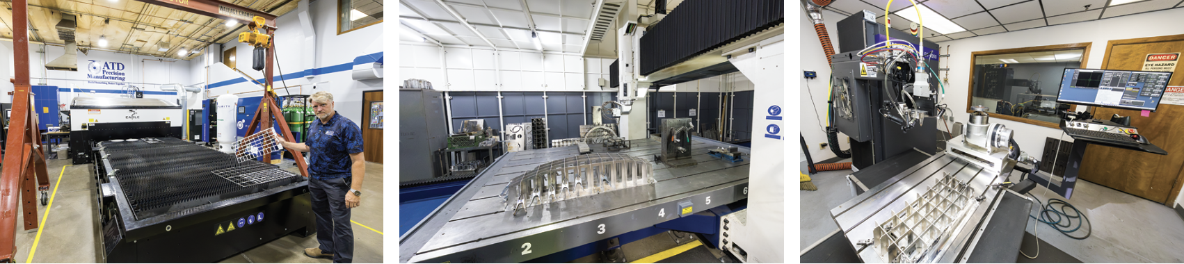 Left - ATD’s Eagle iNspire 12kw Flat Pattern Laser is 15 times faster than the two lasers it replaced. It has 6-G acceleration and an ultra-fast pallet changer swaps sheets in as little as 9 seconds. Center - ATD have a Han’s W3525T 2kW, large-format, 5-axis 3D laser that’s large enough to drive a Pontiac Solstice into. It was purchased for a rocket manufacturing company’s specific rounded part needing holes and a cut profile.
